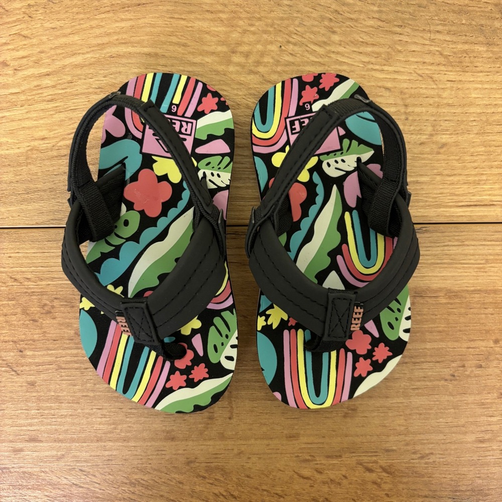 REEF Little Ahi Water-Friendly Flip-Flop Tropical Rainbow Black Kids Size 6 Pool - Picture 7 of 11